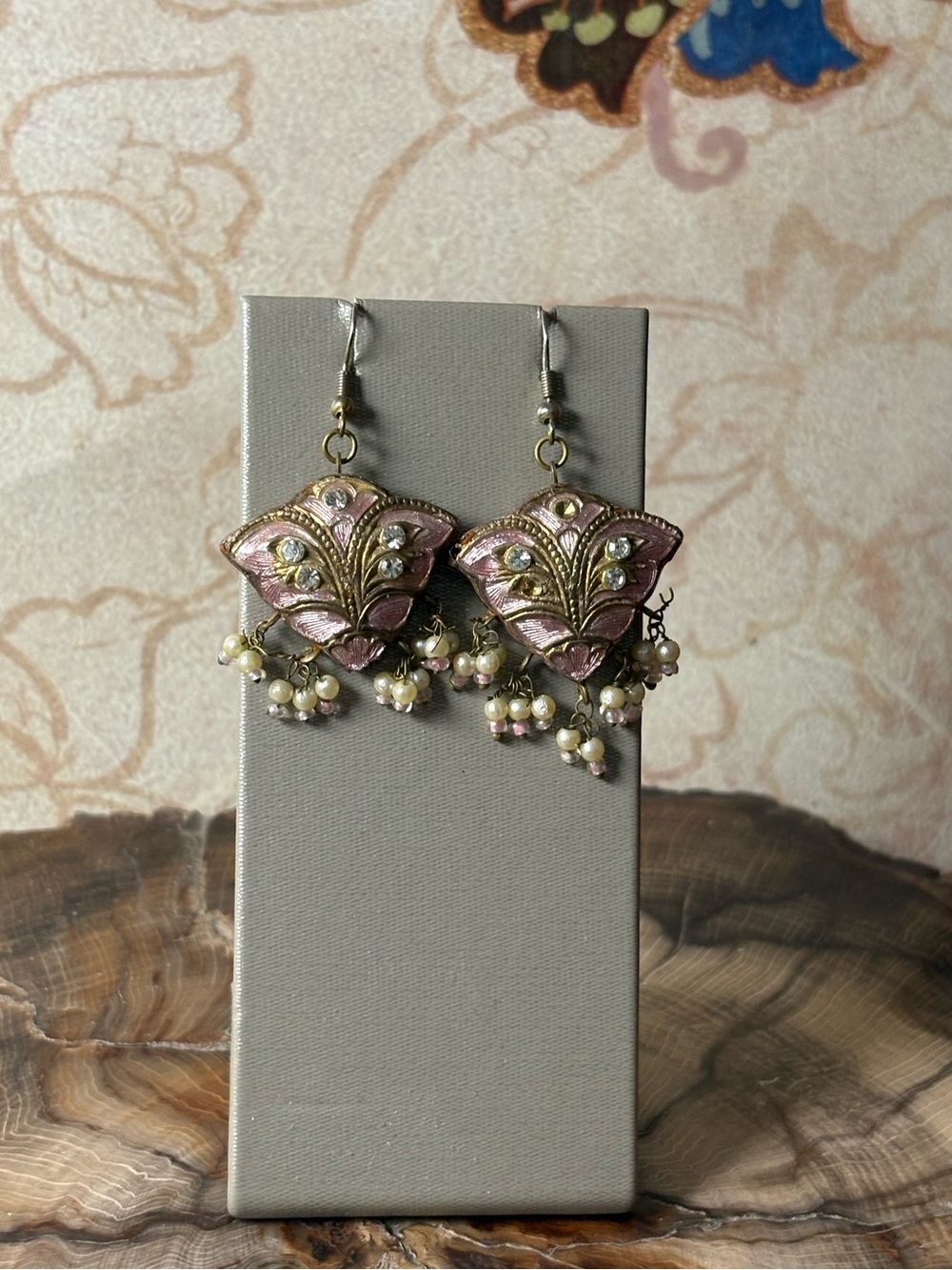 Meenakari Jhumka Vintage Pink Enamel with Floral Metalwork and Pearl Dangles